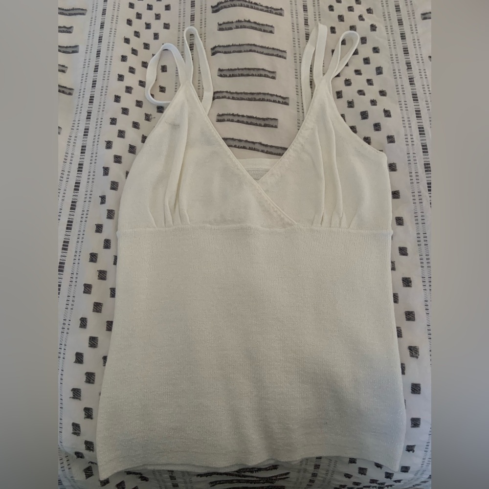 Double strap shimmery white tank top with iridescent thread.